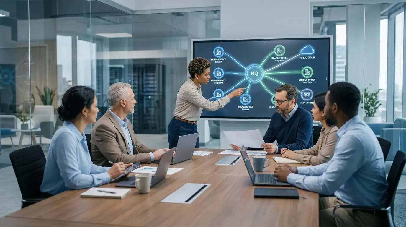 Scalable network design connecting multiple business branches through centralized networking infrastructure